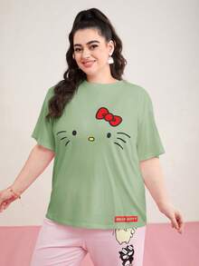 HELLO KITTY AND FRIENDS | SHEIN 大碼卡通圖案下肩寬鬆休閒夏季T恤 - 綠色 - 查看 7