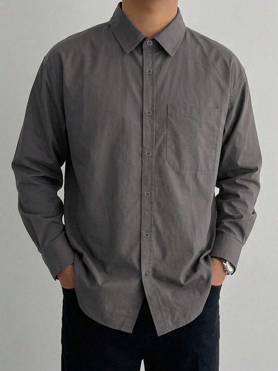 DAZY Grey Long Sleeve Solid Color Pure Cotton Washed Cotton Men's Pocket Commuter Shirt - Grey - View 1