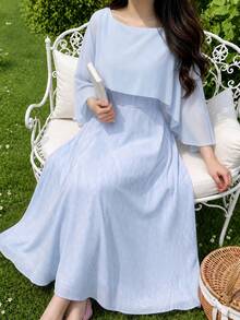 Modelyn Women's Dress, Elegant Textured Fabric Dress Cape Sleeve High Waist A Line Midi Dress For Women Summer Party Date Going Out Wedding Guest Graduation - Sky Blue - View 7