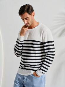 Men Striped Pattern Graphic Color Block Pullover Casual Long Sleeve Sweater, For Going Out, Friends, Fall Winter - Black and White - View 4