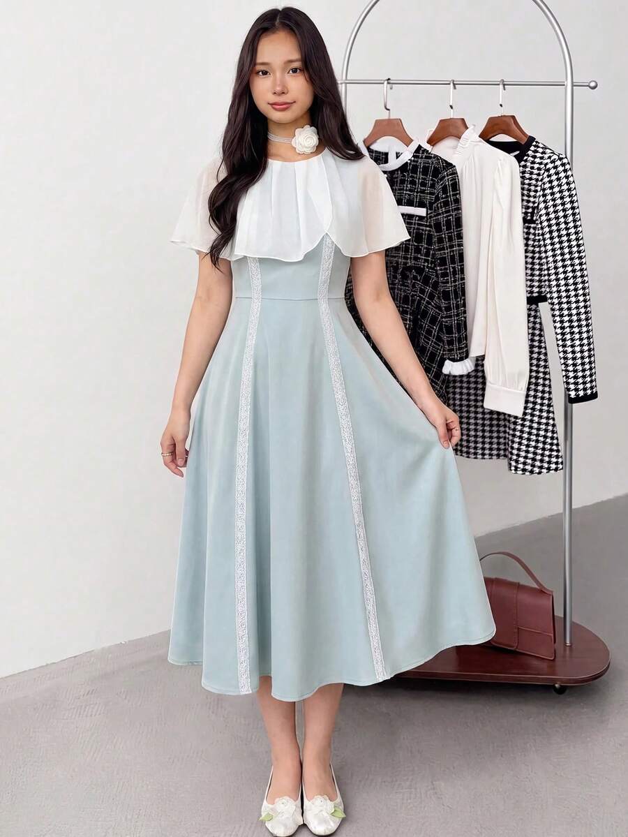 SHEIN Teen Girls Casual Patchwork Dress, Versatile For School, Commute And Everyday Wear,Kids - Green - View 1
