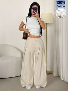 SHEIN PETITE 女款素色百褶寬腿寬鬆休閒長褲 教師節辦公商務米色夏季 - 卡其色 - 查看 7
