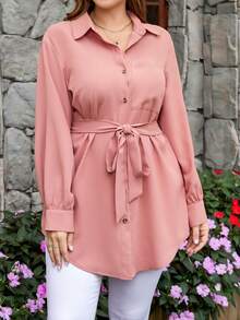 Firerie Plus Size Women Spring/Summer Solid Color Long Sleeve Pocket Casual Shirt Fall - Dusty Pink - View 2
