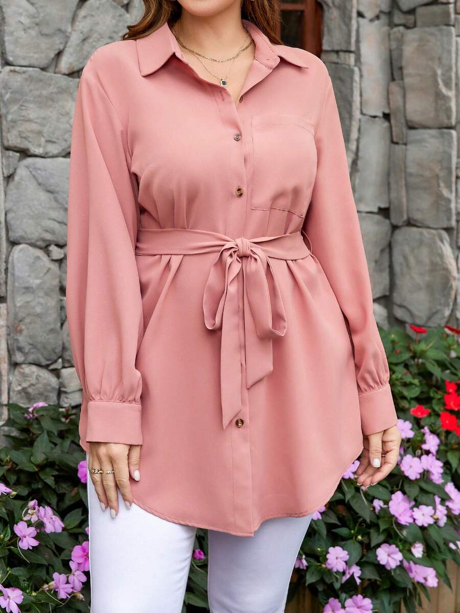Firerie Plus Size Women Spring/Summer Solid Color Long Sleeve Pocket Casual Shirt Fall