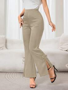 Modelyn Women's Elegant Commuter Solid Color Bow Decor Split Flare Pants  Fall Clothes For Women  Modest  Korean Style - Khaki - View 3