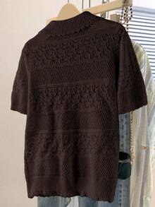 GlowEve CURVE Plus Size Button Half Placket Short Sleeve Hollow Knit Top Vacation Airport Formal Date Night Chocolate Brown Summer 1950s Vintage Casual 80s 2000s - Coffee Brown - View 3