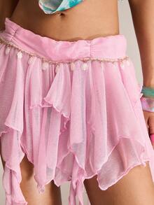 ACID BLVD Spring/Summer Valentine's Day Women's Vintage Mermaid Sexy Jellyfish Flowy Band Shell Pendant Asymmetrical Hem Skirt - Pink - View 4