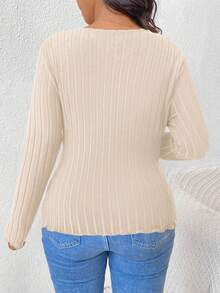 SHEIN Frenchy Plus Size Casual Ribbed Crew Neck Fitted T-Shirt Fall - Beige - View 2