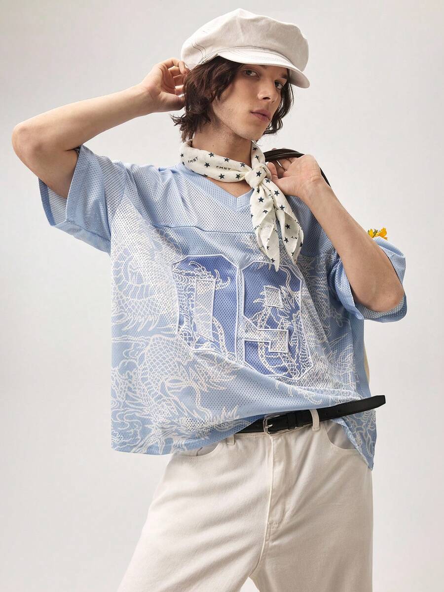 Vaulklash Men's Chinese Dragon Print V-Neck Short Sleeve Casual Fashion T-Shirt - Blue - View 1