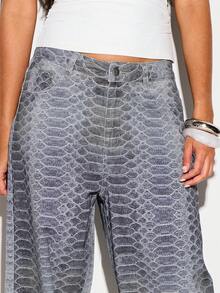 KIZN Snake Print Wide Leg Jeans With High Rise Fit And Full Length Flared Silhouette For Casual Occasions - Multicolor - View 6