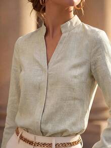 Editum Women's Solid Color Notch V-Neck Casual Elegant Everyday Blouse Teachers' Day Office Sage Green Autumn - Apricot - View 4