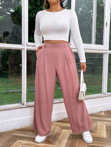 SHEIN Essnce High Waisted Plicated Side Pocket Wide Leg Waffle Work Plus Size Pants Fall - Pink - View 4