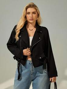 SHEIN Essnce Plus Size Faux Suede Moto Jacket, Warm For Autumn & Winter Fall Fall/Winter - Black - View 2