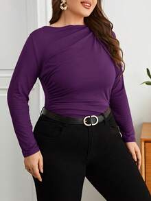 SHEIN Privé Plus Size Women's Solid Color Boat Neck Long Sleeve Ruched Fitted T-Shirt - Purple - View 4