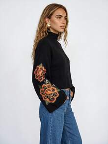 CAJUNI 女款優雅貼花刺繡高領上衣，波希米亞風，度假穿搭 - 黑色 - 查看 3