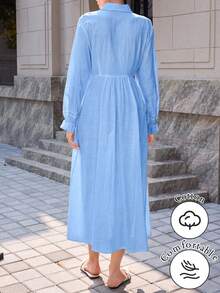 Mulvari 藍色女款純色前鏤空編織肩帶襯衫洋裝，翻領長版休閒款，秋季新品 - 藍色 - 查看 7