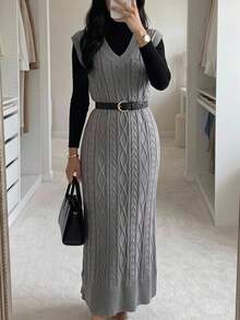 SHEIN LUNE 1入組麻花編織毛衣洋裝不附腰帶 - 深灰色 - 查看 2