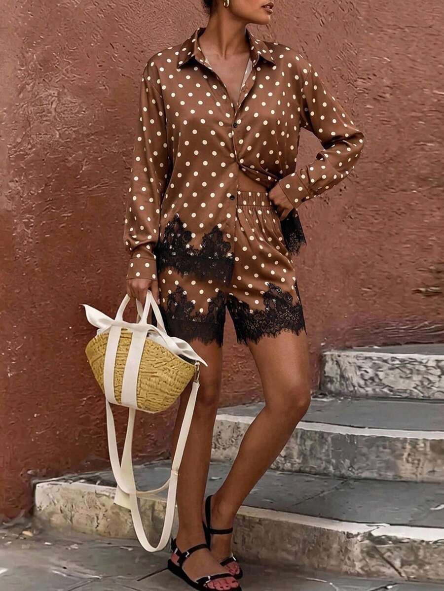 Travachic Women's Polka Dot Long Sleeve Loose Casual Top & Shorts 2pcs Set - Brown - View 1