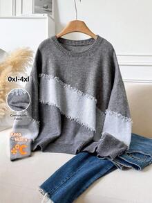 CosyJoli Plus Size Casual Cat Whisker Tassel Color Block Crew Neck Pullover Sweater,Fall Clothes For Women Autumn Winter - Grey - View 7