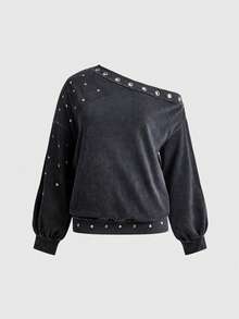 ROMWE Grunge Punk Punk Studs & Rivets Decor Versatile Autumn/Winter Comfortable Cotton-Feel Washed Effect Asymmetric Neck Pullover Sweatshirt Plus Size - Dark Grey - View 1