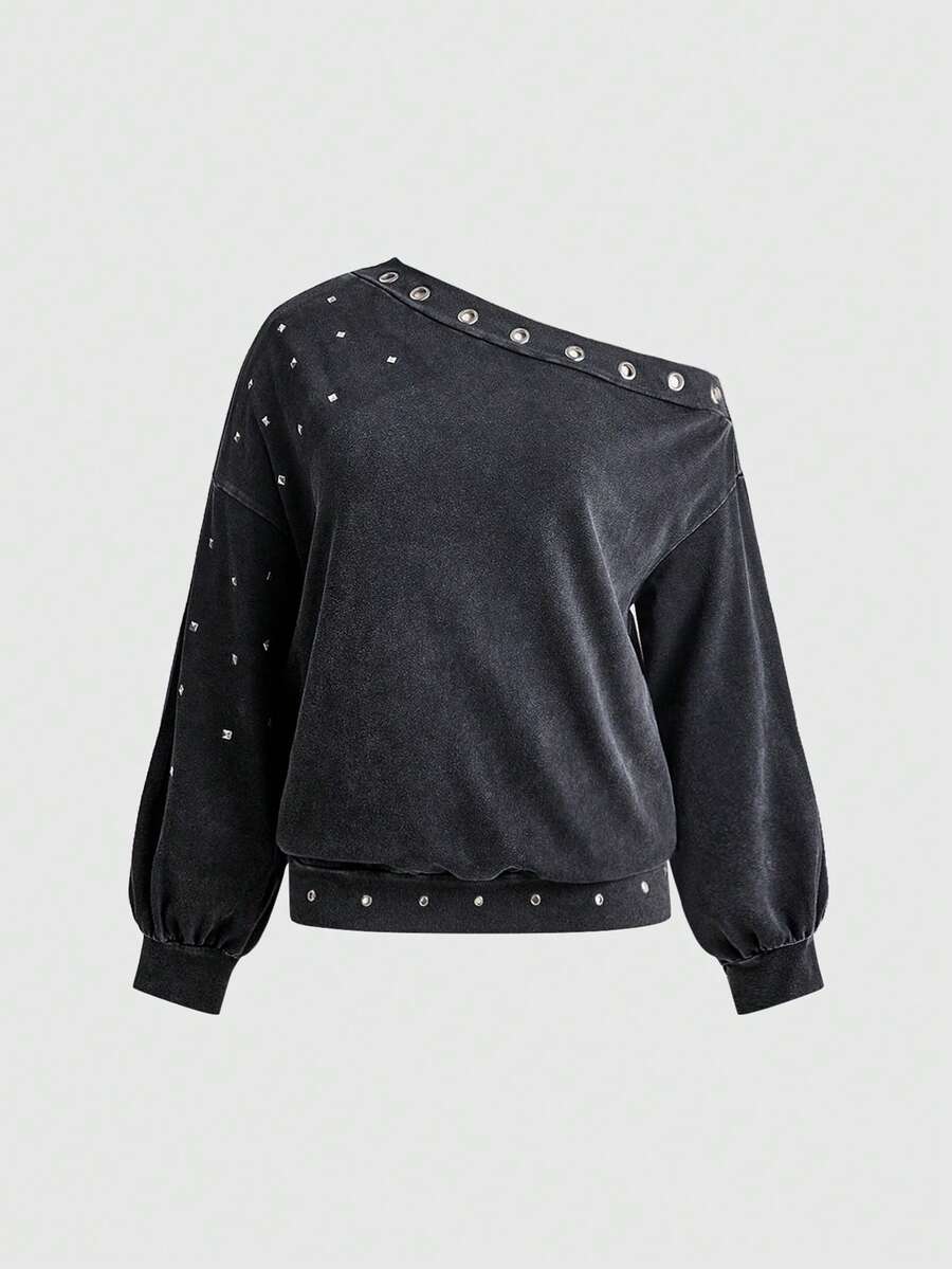 ROMWE Grunge Punk Punk Studs & Rivets Decor Versatile Autumn/Winter Comfortable Cotton-Feel Washed Effect Asymmetric Neck Pullover Sweatshirt Plus Size - Dark Grey - View 1
