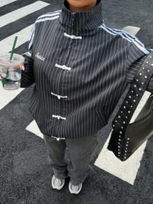 Muchica 女款黑白條紋長袖鈕扣設計休閒街頭風運動休閒夾克，標準版型，適合度假、夜晚、秋季 - 灰色 - 查看 6