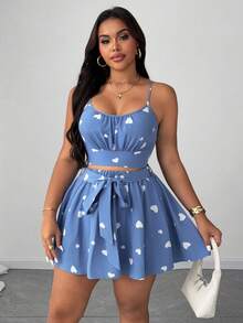 SHEIN Unity Plus Size Women's Heart Print Camisole & Self-Tie Waist Swing Midi Skirt 2 Pieces Set, Elegant Design For Beach, Party, Festival, Spring/Summer - Blue and White - View 3