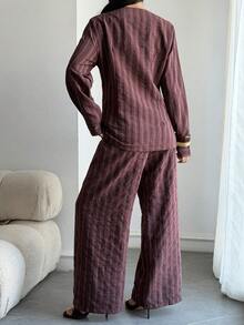 DAZY Women's V-Neck Brown Stripe Waist-Cinching Blouse And Loose Straight-Leg Pants Business Casual 2 Pieces Set Autumn Office Brunch - Burgundy - View 3