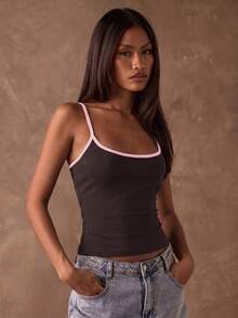 SHEIN BAE 女款時尚拼色細肩帶背心上衣，度假百搭款 - 巧克力棕 - 查看 6