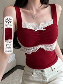 DAZY Women's Lace Patchwork Bow Decor Casual Versatile Daily Wear Top - Burgundy - View 1