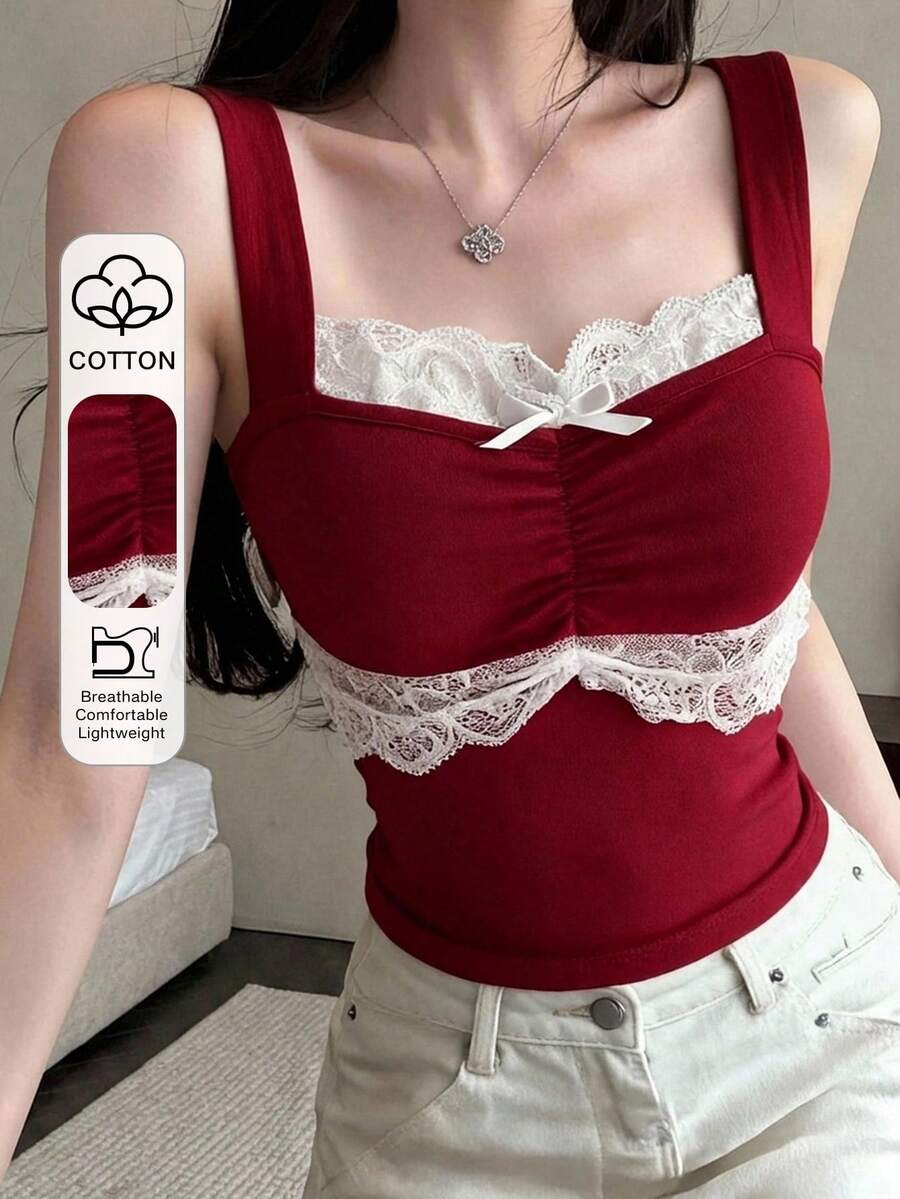 DAZY Women's Lace Patchwork Bow Decor Casual Versatile Daily Wear Top - Burgundy - View 1