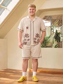 Whitmere Plus Size Men's Casual Loose Suit, Short Sleeve Button-Down Shirt And Shorts 2-Piece Set, Fashionable Relaxed Beach Outfit - Apricot - View 3