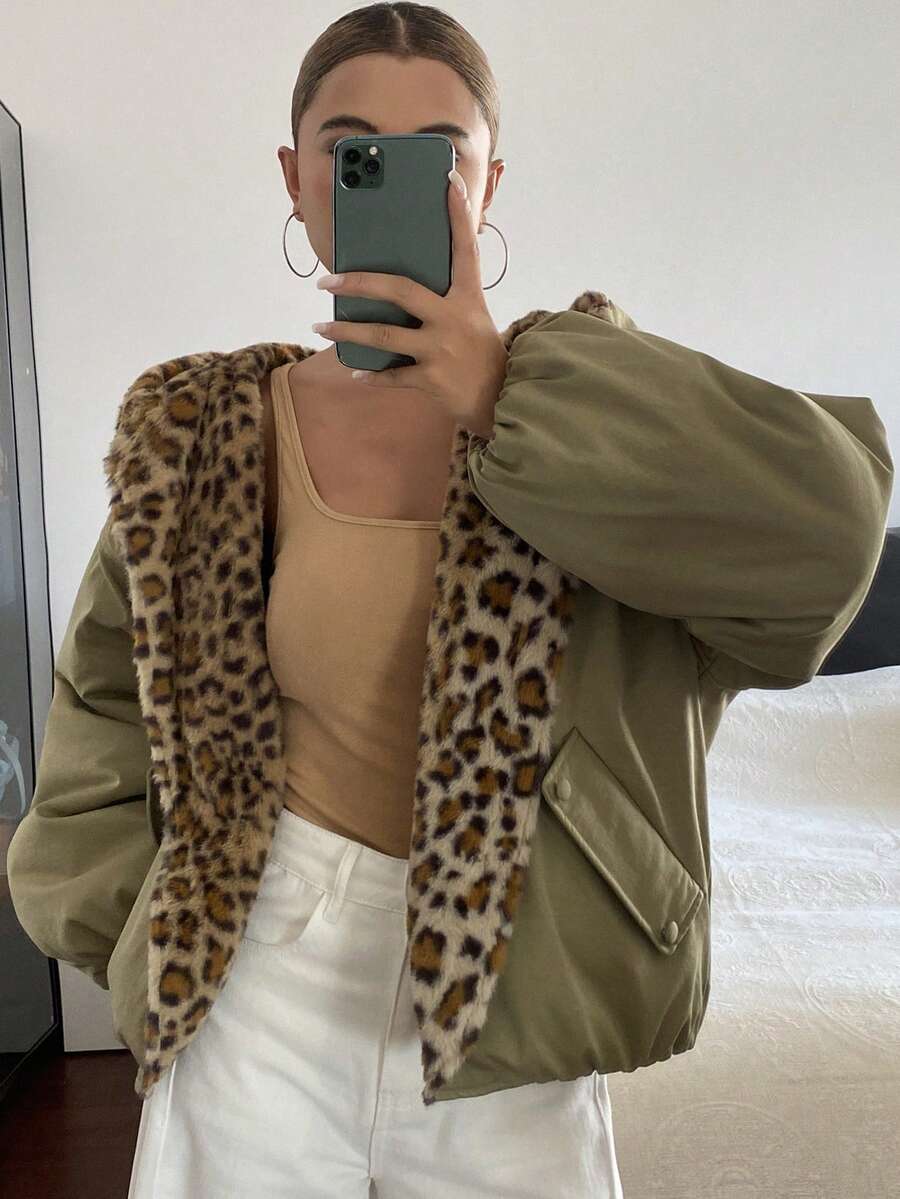 DAZY Patchwork Leopard Print Faux Fur Loose Long Sleeve Hooded Thickened Autumn/Winter Women's Padded Coat Jacket - Army Green - View 1