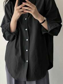 DAZY Solid Drop Shoulder Oversized Shirt,Long Sleeve Tops,Fall Clothes - Black - View 3