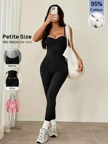 SHEIN PETITE Tuta aderente casual da donna con spalline sottili, tinta unita - nero - Visualizzare 5