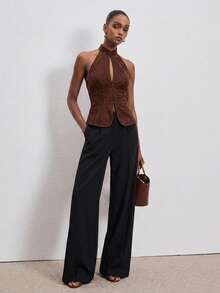 ATUI Studio Women's Brown Halter Neck Top With Buttons – Stretchy Fitted Blouse, Everyday Essential For Fall, Daily & Work - Coffee Brown - View 4
