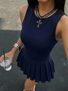 SHEIN ICON 女士休闲纯色无袖褶裥下摆迷你连衣裙，夏季 - 藏蓝色 - 查看 1