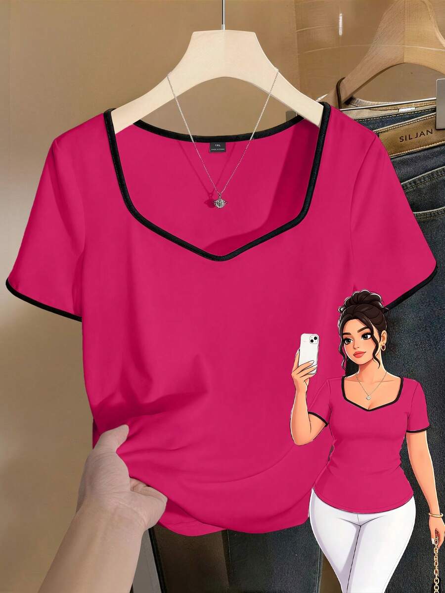 GlowEve CURVE Plus Size Casual Elastic Short Sleeve Contrast Color T-Shirt, Suitable For Spring/Summer Commute And Daily Wear - Multicolor - View 1
