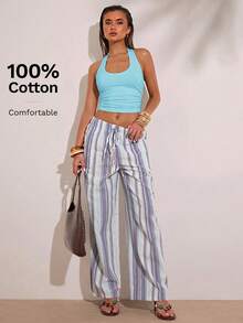 SHEIN BAE Women's Solid Color Backless Halter Neck Cropped Tank Top - Mint Blue - View 3