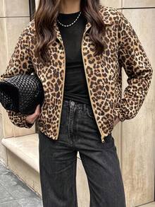SHEIN Vintage Casual Streetstyle Streetwear Street Leopard Print Lapel Zip-Up Waist-Cinching Short Jacket Everyday Traveling Beige Autumn Everyday Everyday - Brown - View 2