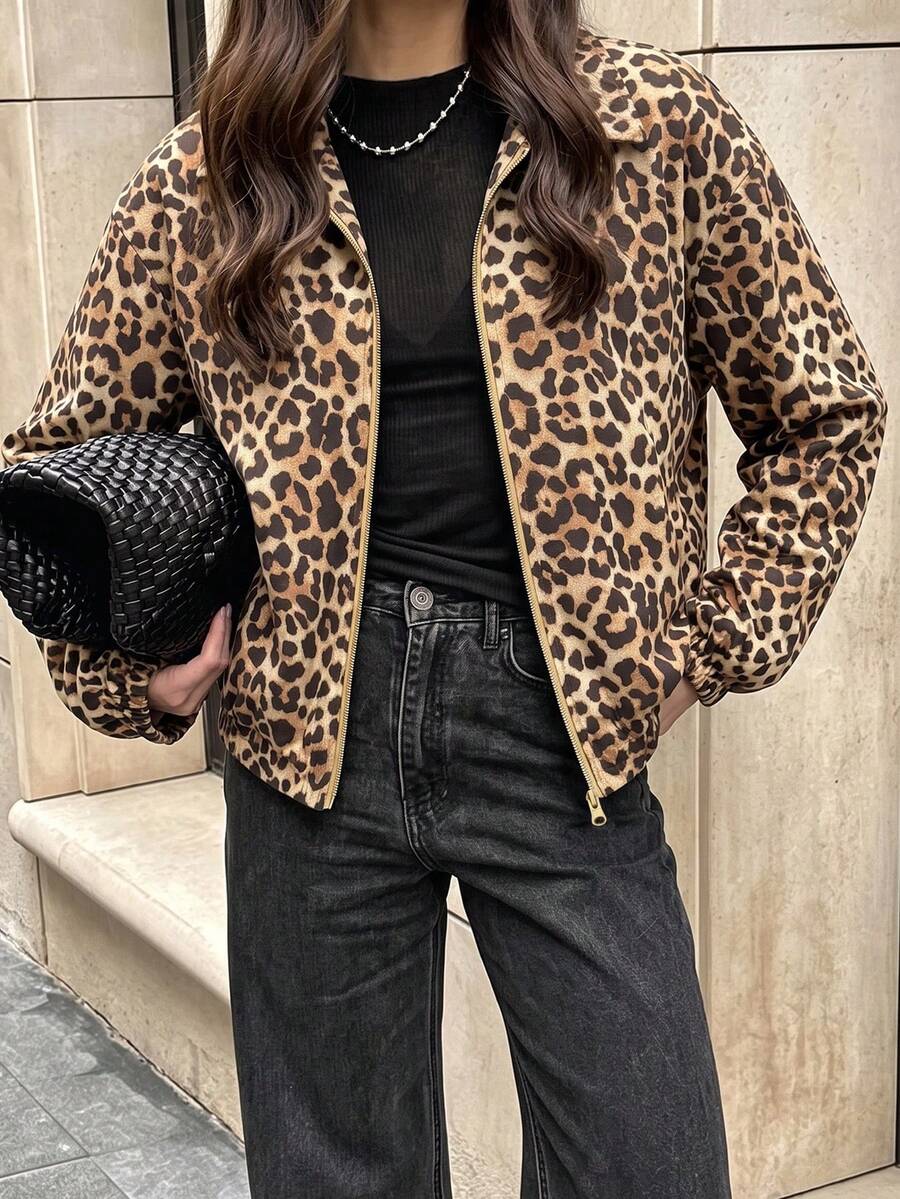 SHEIN Vintage Casual Streetstyle Streetwear Street Leopard Print Lapel Zip-Up Waist-Cinching Short Jacket Everyday Traveling Beige Autumn Everyday Everyday