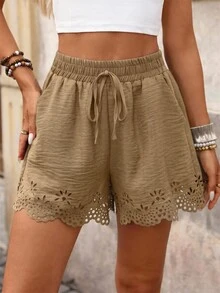 Brillora Elegante Damen-Hose mit elastischem Bund, Sommer-Boho-Lässig-Urlaubs-Shorts aus gewebtem Stoff in Unifarbe, locker geschnitten, schlicht, mit Lochblumen, Khaki-Grün, kurze Strandhose - Khaki - Übersicht 2