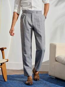 VeloEdit Men's Fashionable Solid Colored Pleated Formal Pants Formal, CeremonyFall Winter Business Commute‌ Old Money - Grey - View 5