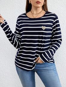 SHEIN Frenchy 大碼女士愛心刺繡條紋t恤 - 寶藍色 - 查看 6