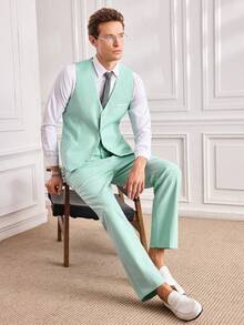 Men's 2pcs Formal Vest & Pants Set, Solid Color With Pockets, Suitable For Wedding, Party, Business Occasions, Mint Green, Size XS-XXXL - Mint Green - View 1