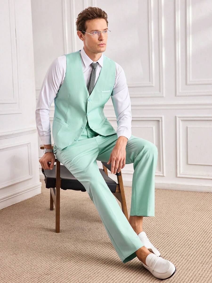 Men's 2pcs Formal Vest & Pants Set, Solid Color With Pockets, Suitable For Wedding, Party, Business Occasions, Mint Green, Size XS-XXXL - Mint Green - View 1