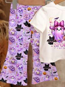 萬聖節嘉年華 星願紫水晶 極光果凍小女巫 深夜小黑貓 Little Miss Bootiful Trick Or Treat！女童休閒極簡圓領短袖T恤與迪斯可喇叭褲兩件套，適合秋季萬聖節，新季節新品上市 - 彩色 - 查看 5