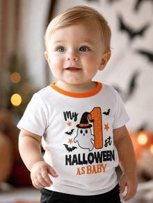 SHEIN Playful Pals 中性嬰兒 My 1st Halloween 可愛卡通幽靈圖案圓領對比色短袖T恤 休閒幼兒秋季節日上衣 0-3Y - 白色 - 查看 6