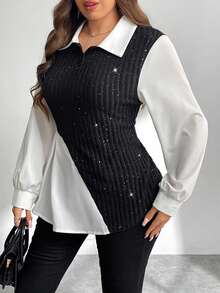 Firerie Top de mujer talla grande con lentejuelas, patchwork, contraste de color y bajo asimétrico - Multicolor - Ver 3