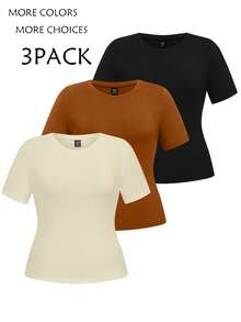 SHEIN LUNE 3pcs Plus Size Basic Crew Neck Short Sleeve T-Shirts - Multicolor - View 1